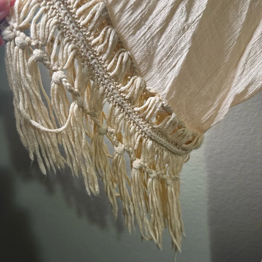 Indigo Soul Lightweight Open Cardigan Med Fringe Short Sleeve Beige Cream Cover